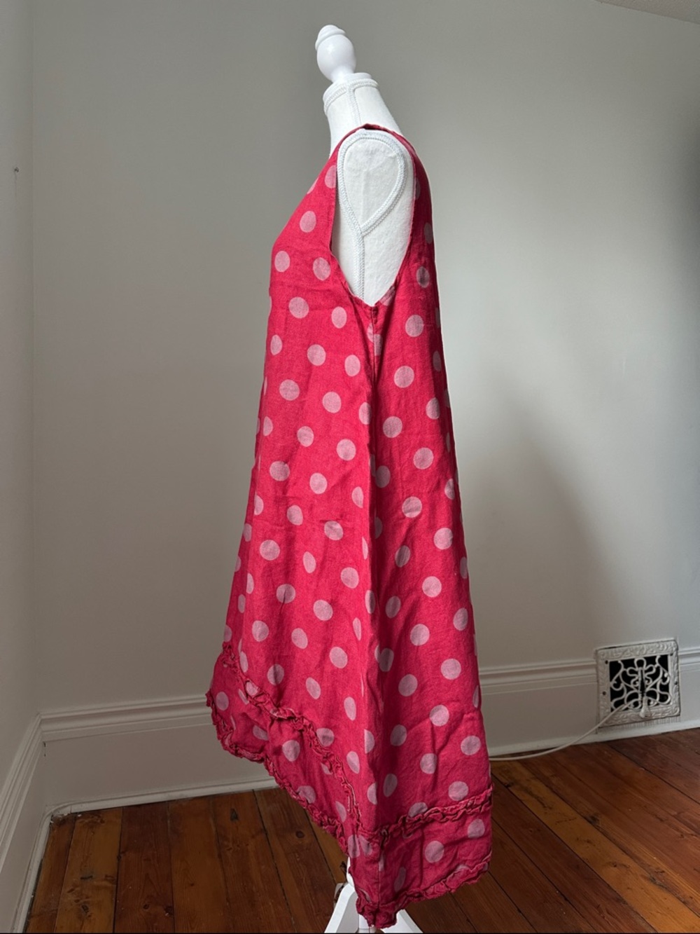 TALIA BENSON 100% Linen Red Polka Dot High Low Ruffle Midi Dress Size Large - Picture 2 of 5